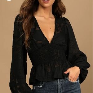 Lulus NWT Patio Date Black Floral Jacquard Button-Up Long Sleeve Top Size M